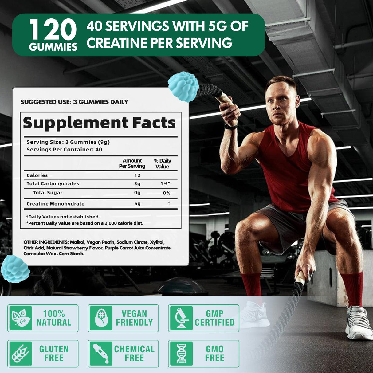 DANEW Pro Creatine Monohydrate Gummies 5000mg for Men & Women, Creatine Monohydrate for Muscle Strength, Muscle Builder, Energy Boost, Pre-Workout Supplement(120 Count)-Blueberry Flavor