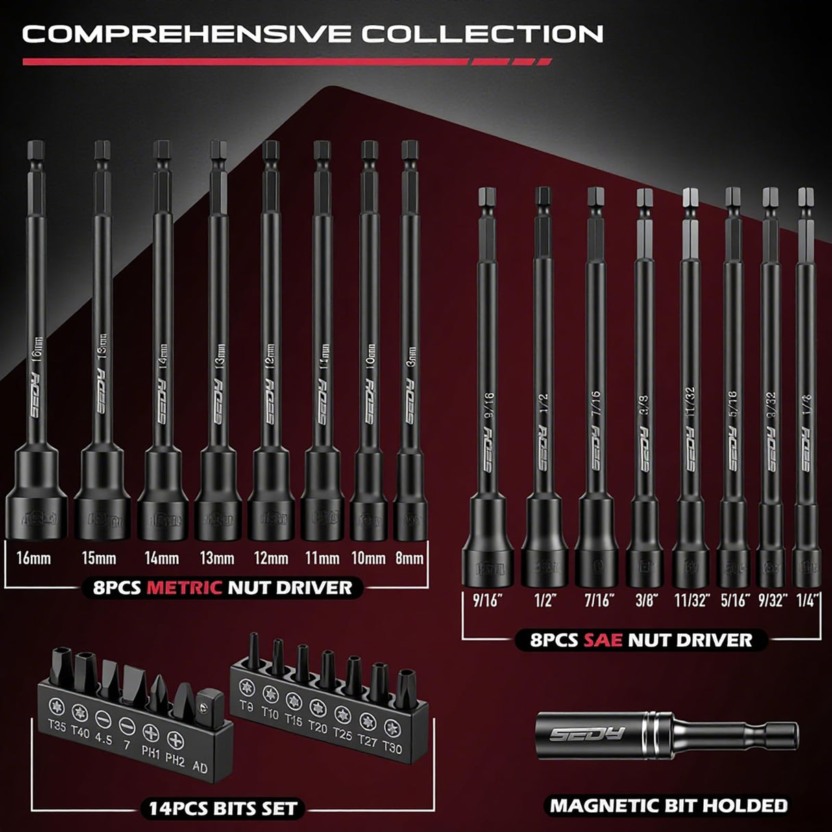 Nut Driver Impact Bit Set - 31-Piece Magnetic Socket Impact Drill Bit Tool Sets Extra Long Hex Nut Setter Driver Holder - Metric SAE Screwdriver Bits 1/4 Drive Shank Adapter Extension