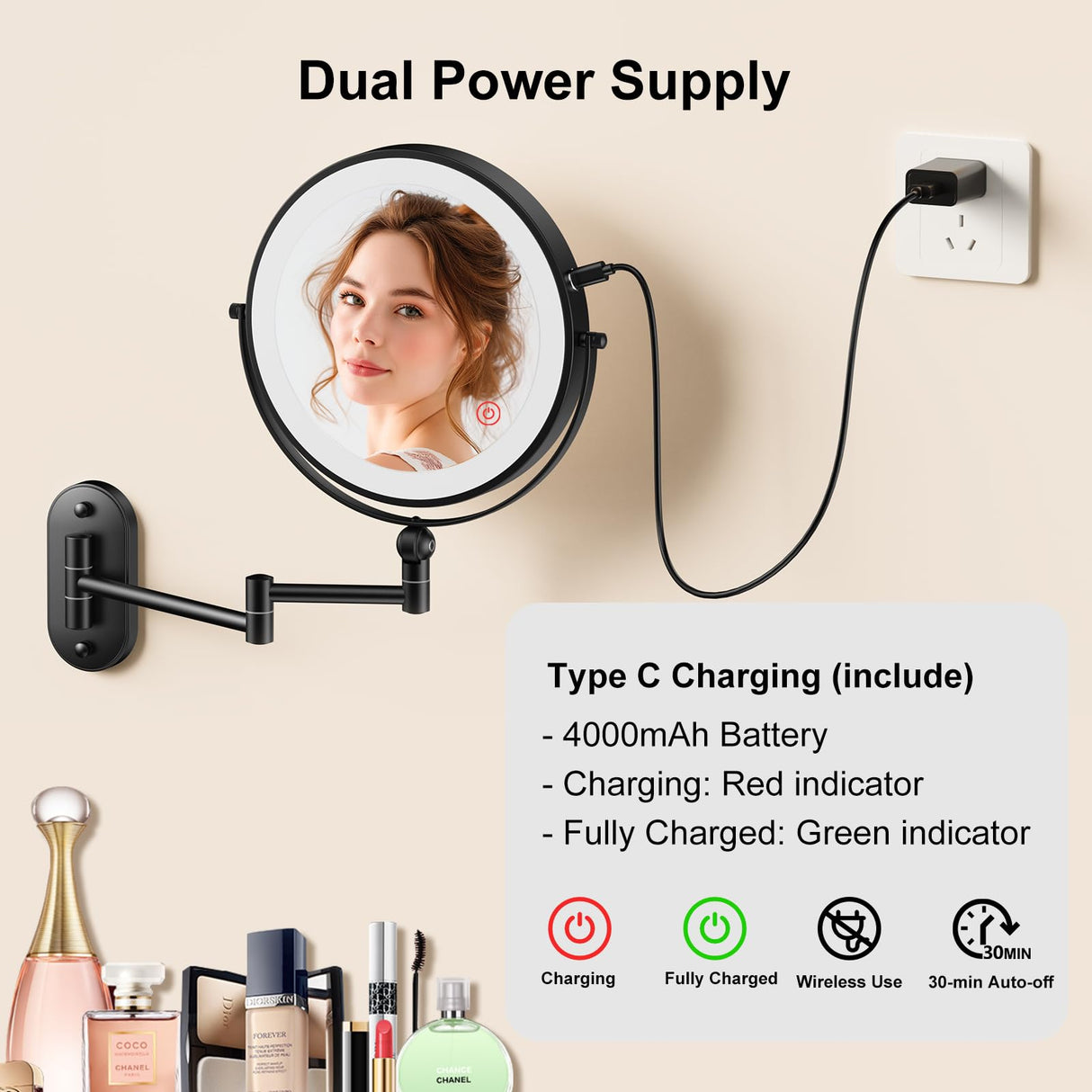 IMIKONA 9" Wall Mounted Lighted Makeup Mirror,4000mAh Rechargeable Double Sided 1X/10X Magnifying Mirror with Light,3 Color Lights,Touch Dimmable,Extended Arm 360 Rotation Wall Mounted Makeup Mirror