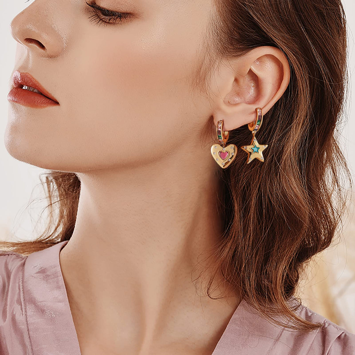 Ornaland Gold Heart Star Earrings Charms for Women Personalized Dangle Hoop