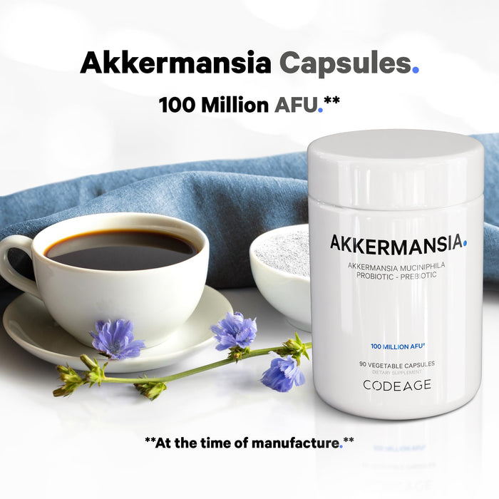 Codeage Akkermansia Muciniphila Probiotic Supplement - 3-Month Supply of Akkermansia Probiotic & Chicory Inulin - Daily Synbiotic Probiotic Chicory Root - 100 Million AFUs - Gluten-Free - 90 Capsules