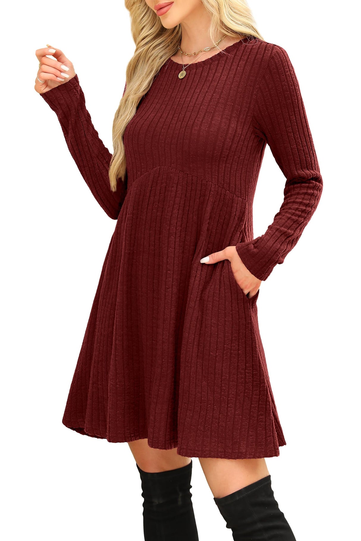 OFEEFAN Long Sleeve Dress for Women Sweater Dress Fall Dresses Fall Sweaters Casual Tunic Winter Christmas Dresses Wine L