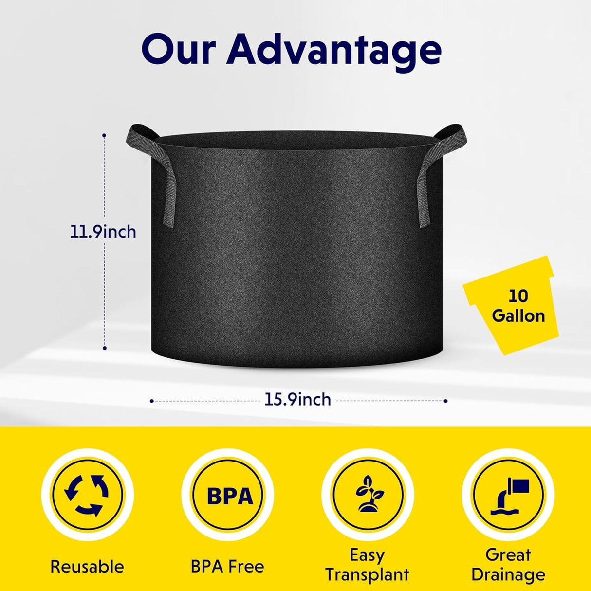 iPower 5-Pack 10 Gallon Plant Grow Bags Thickened Nonwoven Aeration Fabric Pots Heavy Duty Durable Container, Strap Handles for Garden, Black New