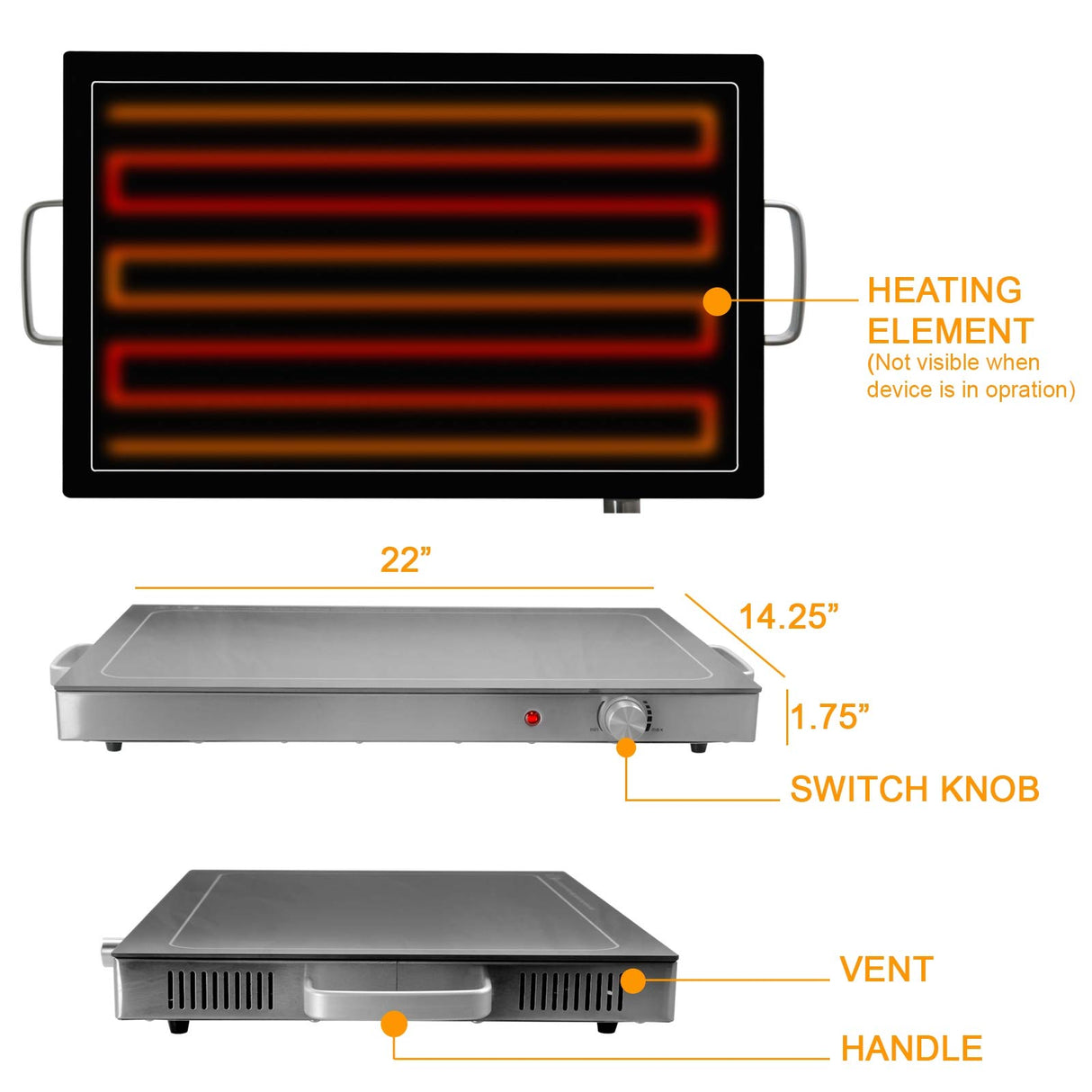Megachef Electric Warming Tray with Adjustable Temperature Control, 24 in, Silver, Black
