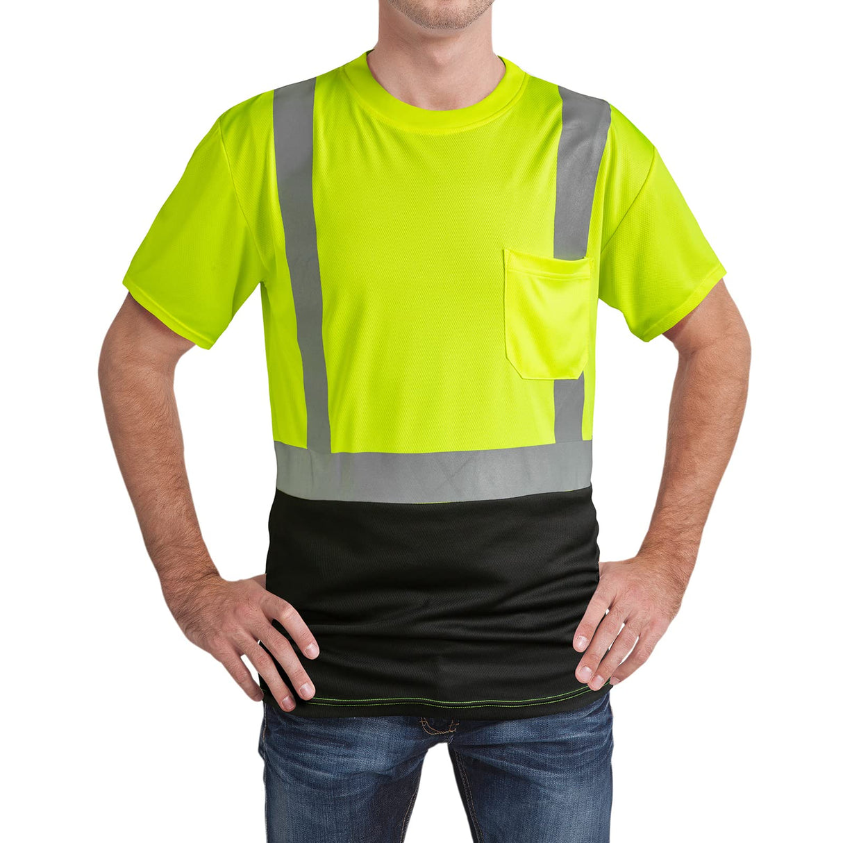 DPSAFETY Hi Vis Safety Shirts,High Visibility T Shirts with Reflective Strips and Pocket, Quick Dry Mesh Construction Work Shirt for Men/Women Black Bottom Lime 3pk 3XL
