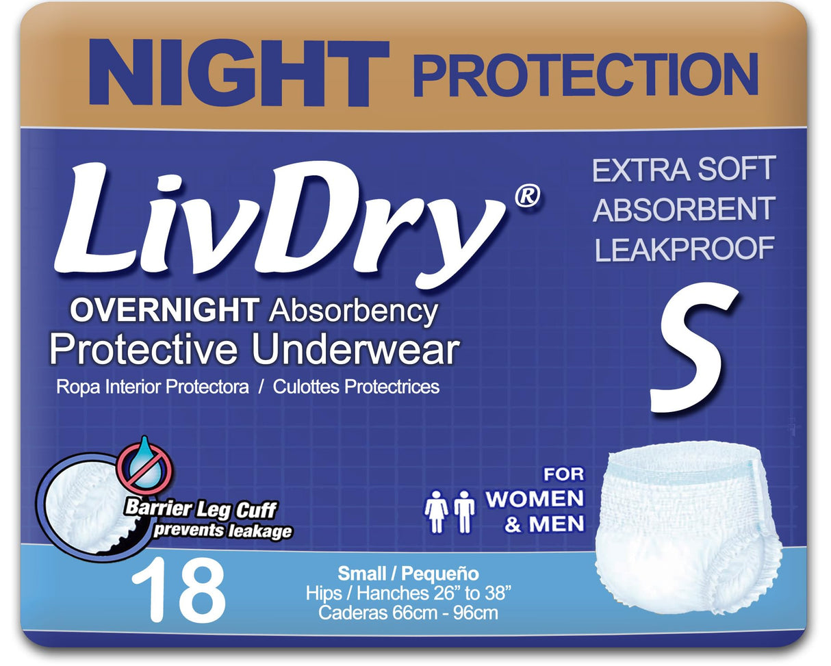 LivDry Adult S Incontinence Underwear, Overnight Comfort Absorbency, Leak Protection, Small, 18-Pack