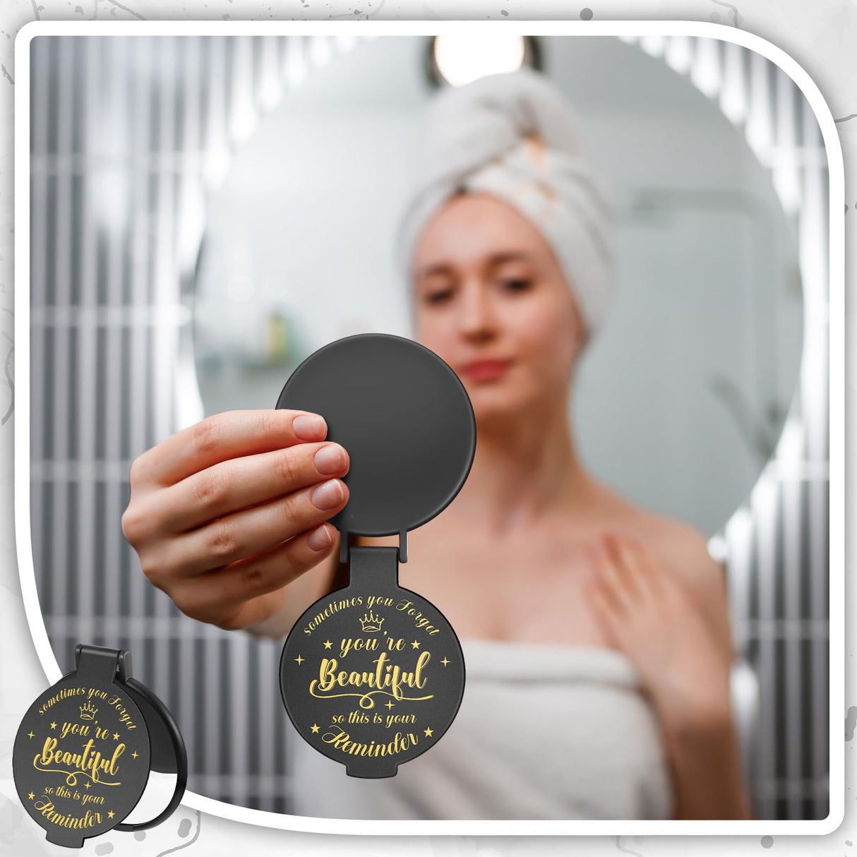 Gulfmew 100 Pcs 2.76 Inch Inspirational Compact Mirror Bulk Party Favors Quinceanera Gift Purse Small Mirror Pocket Mini Gifts for Women Adult Coworker Halloween Christmas Friends (Black)