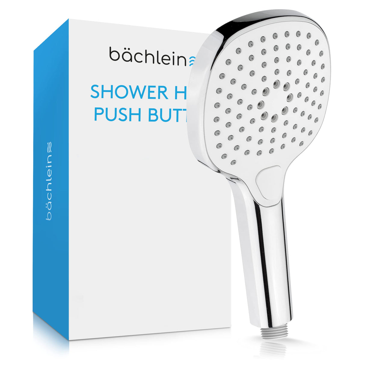 Bächlein Universal Shower Head - Shower Head with 3 Spray Types, Easy to Change with Practical Push Button - Square Shower Head Chrome - Hand Shower with Standard G 1/2" Connection Dimension