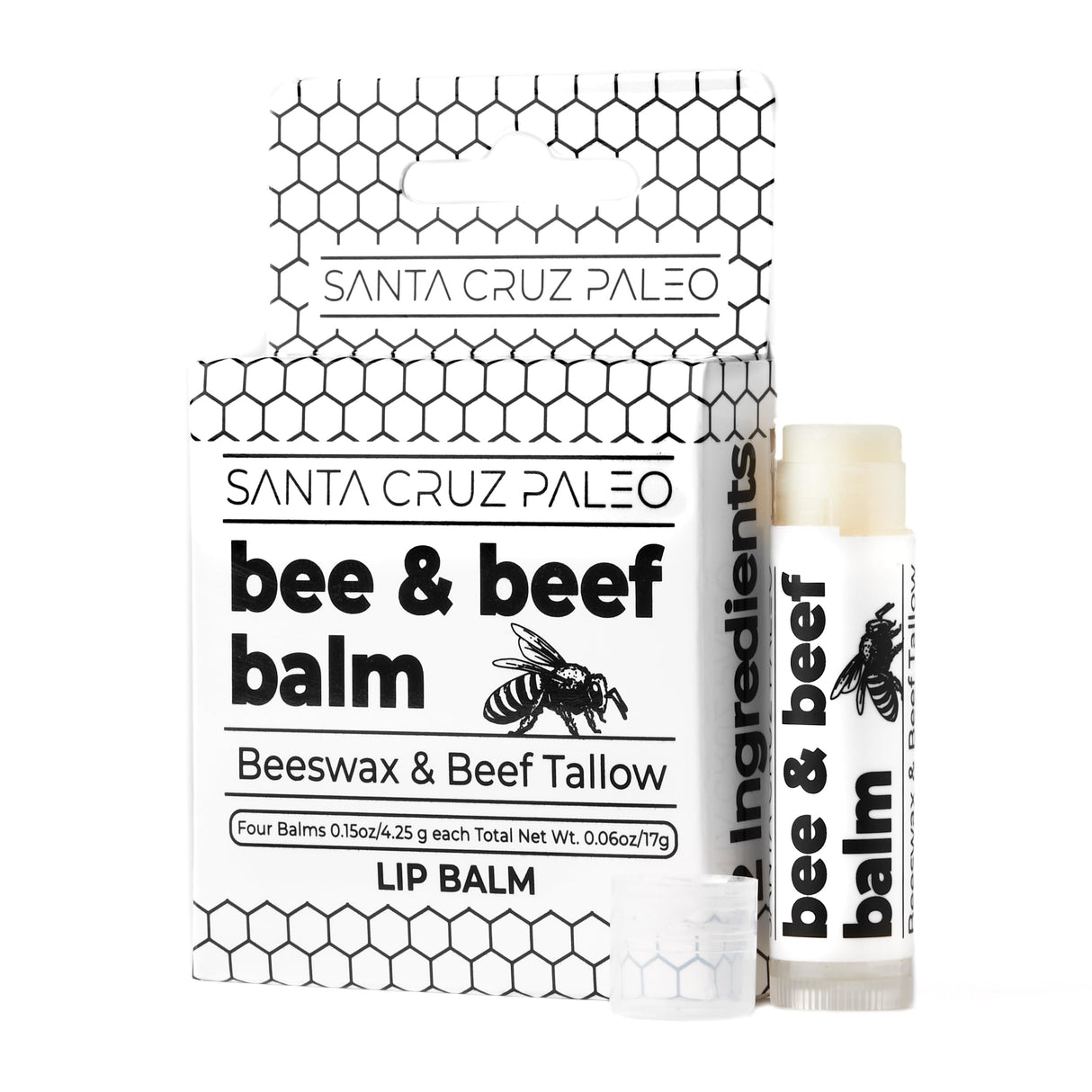 Santa Cruz Paleo Grass Fed Beef Tallow & Beeswax Lip Balm, 4 Pack, Beef Tallow for Skin Care Moisturizer, Lip Care for Dry Chapped Lips, Hypoallergenic for Sensitive Skin, Long Lasting & Vitamin Rich