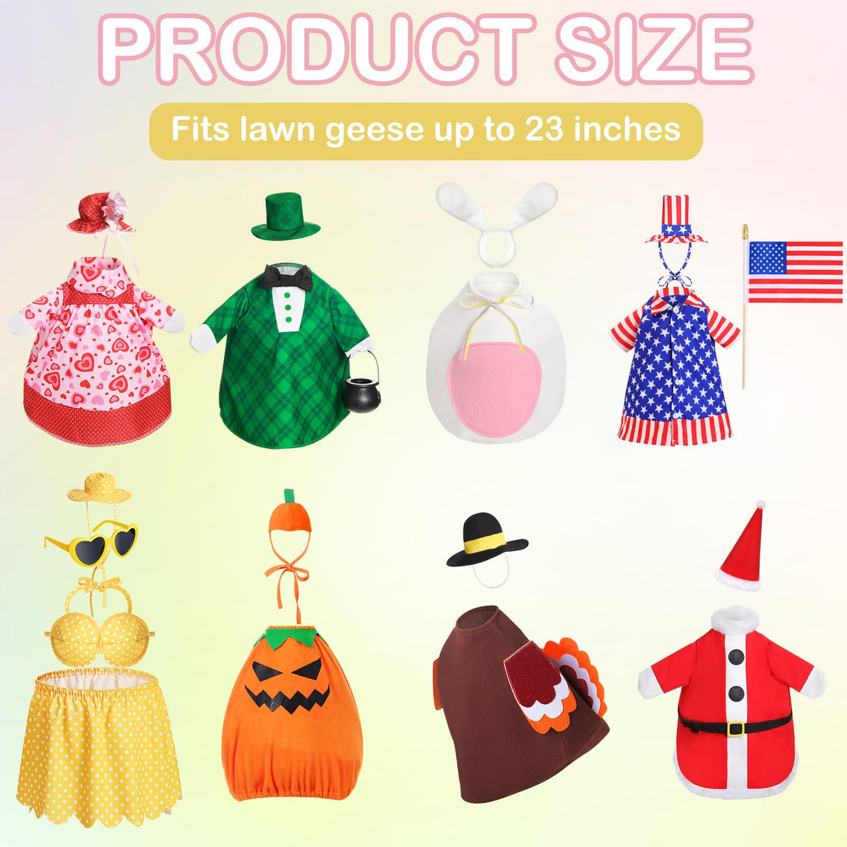 FuWeave 8 Set Holiday Porch Goose Outfits Fall Halloween Christmas Valentine St. Patrick Easter Summer 4th of July Lawn Porch Goose Clothing for Patio Yard Lawn Decor(23 Inch)