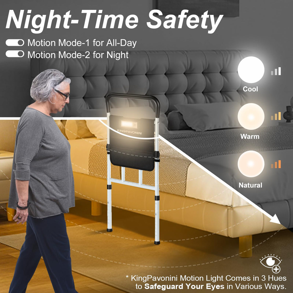 KingPavonini Bed Rails for Elderly Adults Safety, with Motion Light & Storage Pouch, FSA/HSA Eligible 400LBS Robust Bed Assist Rail with Support Legs for Seniors & Surgical Patients,Tool-Free Assembly