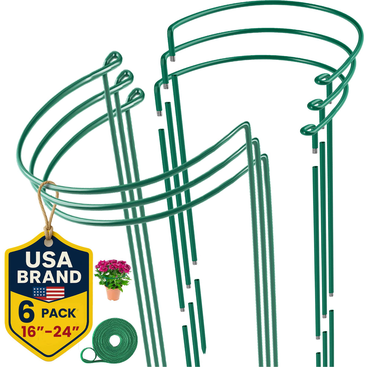 6 Pack Plant Support Stakes – Tall Plant Stakes for Indoor and Outdoor Gardens - Peony Cages and Supports - Cage Rings for Potted Flowers, Peony, Hydrangea, and Rose Bush (10" W x 16" - 24" H)
