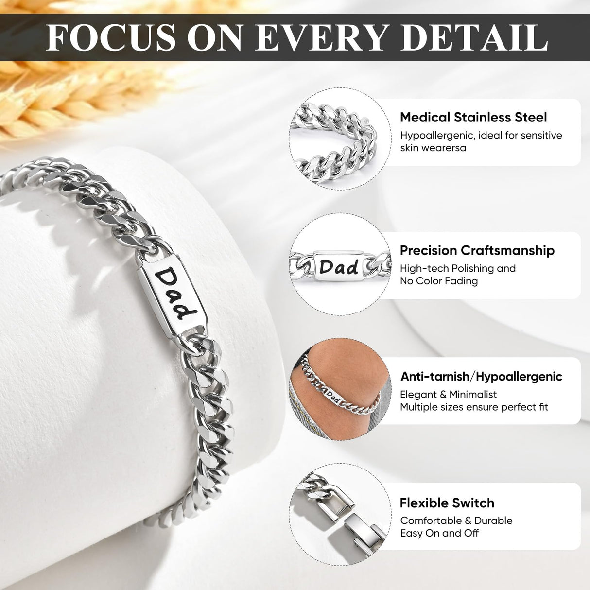 Fathers Day Gift Bracelet for Dad - Stainless Steel Cuban Chain Link Bracelet Gifts for Men Dad from Son Daughter Classic Hip Hop Anniversary Personalized FatherJewelry Gifts for Him Husband Boyfriend