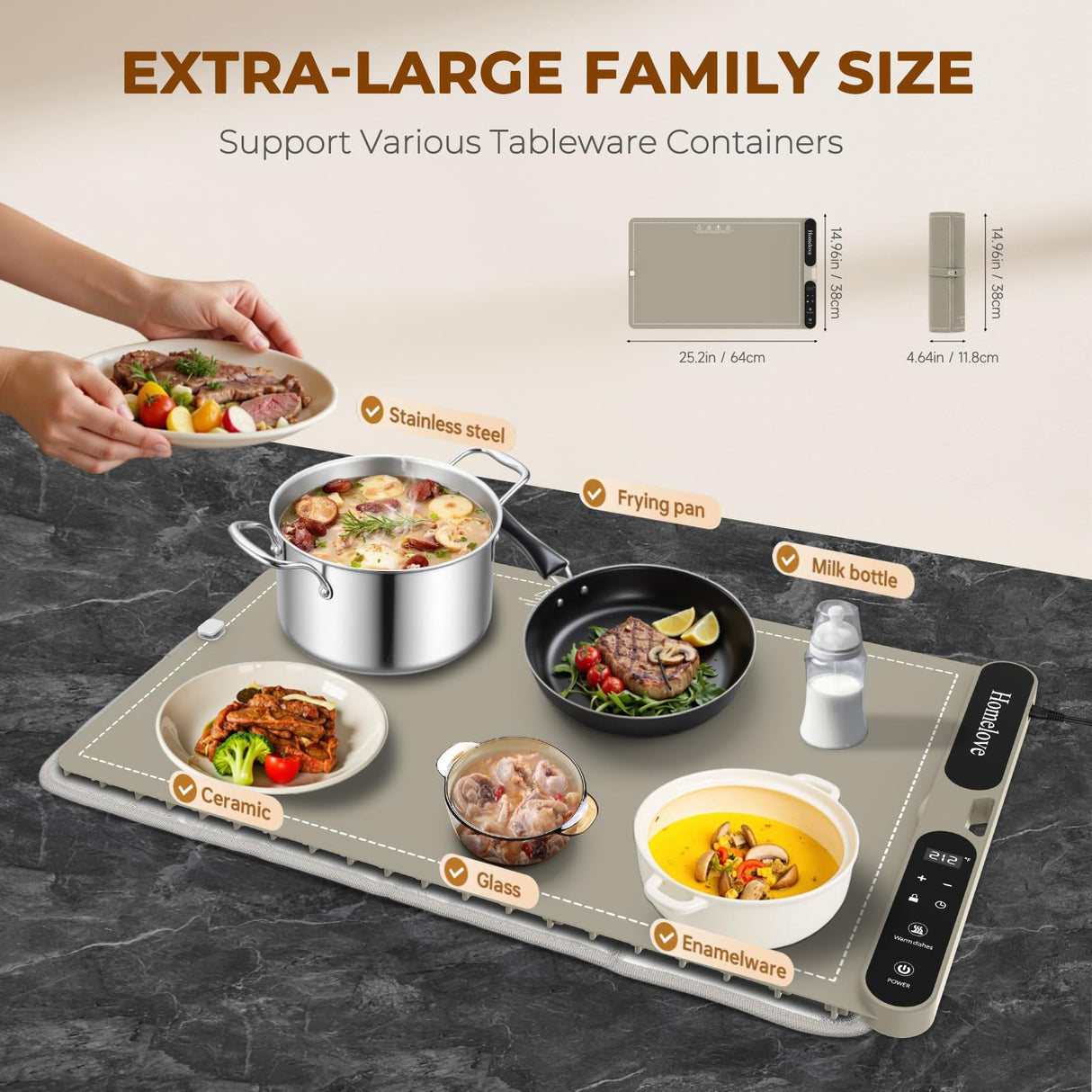 Homelove Warming Mat for Food - Fast Full Surface Electric Warming Tray with 7 Temp-Settings & 8H Timer, Portable Roll Up Food Warmer with Heat Insulation Pad for Gatherings Parties Buffet XL-Khaki