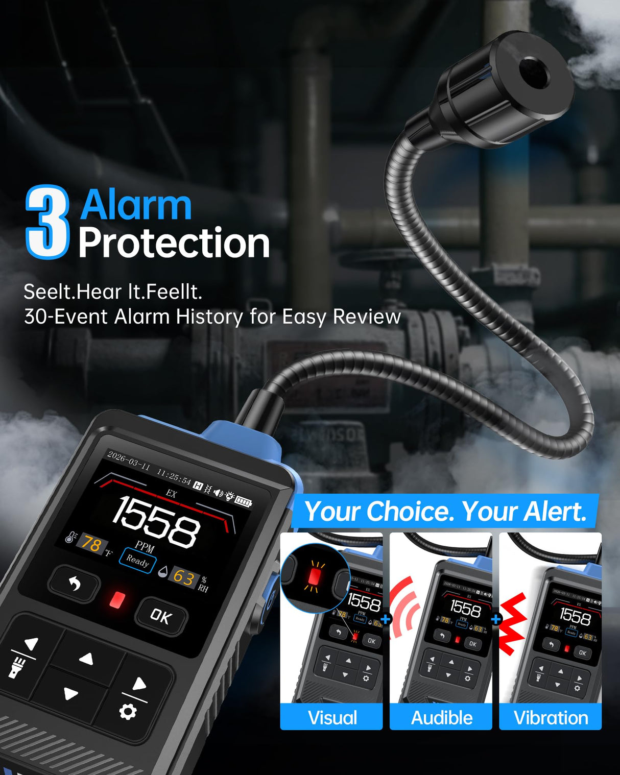 FNIRSI GD-02 Natural Gas Detector, Methane, Propane & Isobutane with 14-Inch Flexible Gooseneck, Combustible Gas Detector for Audible, Visual & Tactile Triple Alarm, Rechargeable Battery