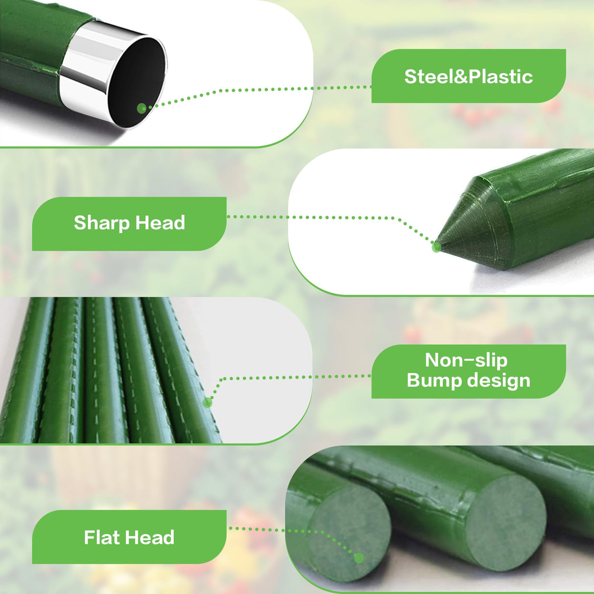 BOTINDO Garden Stakes 36 Inches Sturdy Green Plant Sticks 25 Pack, Metal Tomato Stakes Support, Yard Plant Support Cage for Potted Plants, Tomatoes, Trees, Cucumber, Fences, Beans (36 inch)