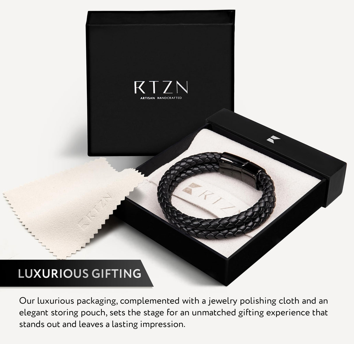 RTZN® Black Leather Bracelet for Men – Premium Artisan Handcrafted Double Strand Black Braided Leather Bracelet – Authentic Stacked Mens Leather Bracelets (Medium)