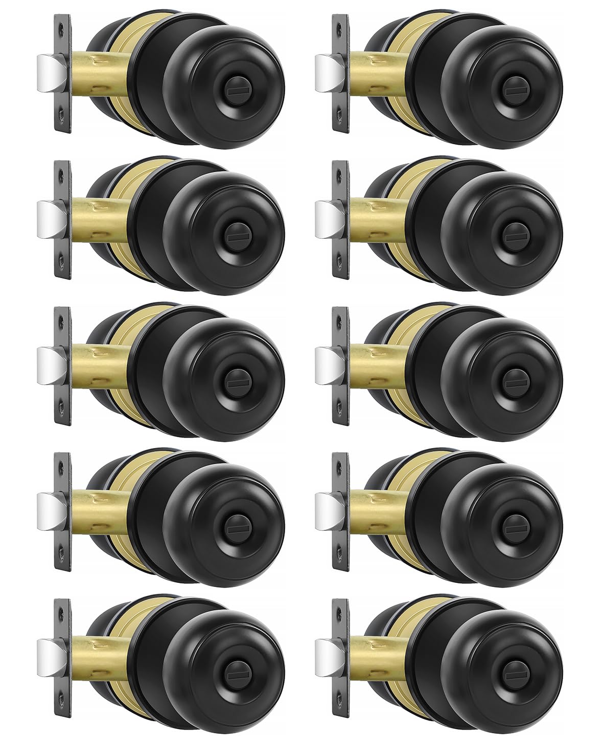 RAZCC Privacy Door Knobs, 10 Pack Matte Black Door Knobs with Lock, Bed and Bath Door Knob Interior Keyless Locksets, Round Door Handles Reversible for Left Right Handed Doors