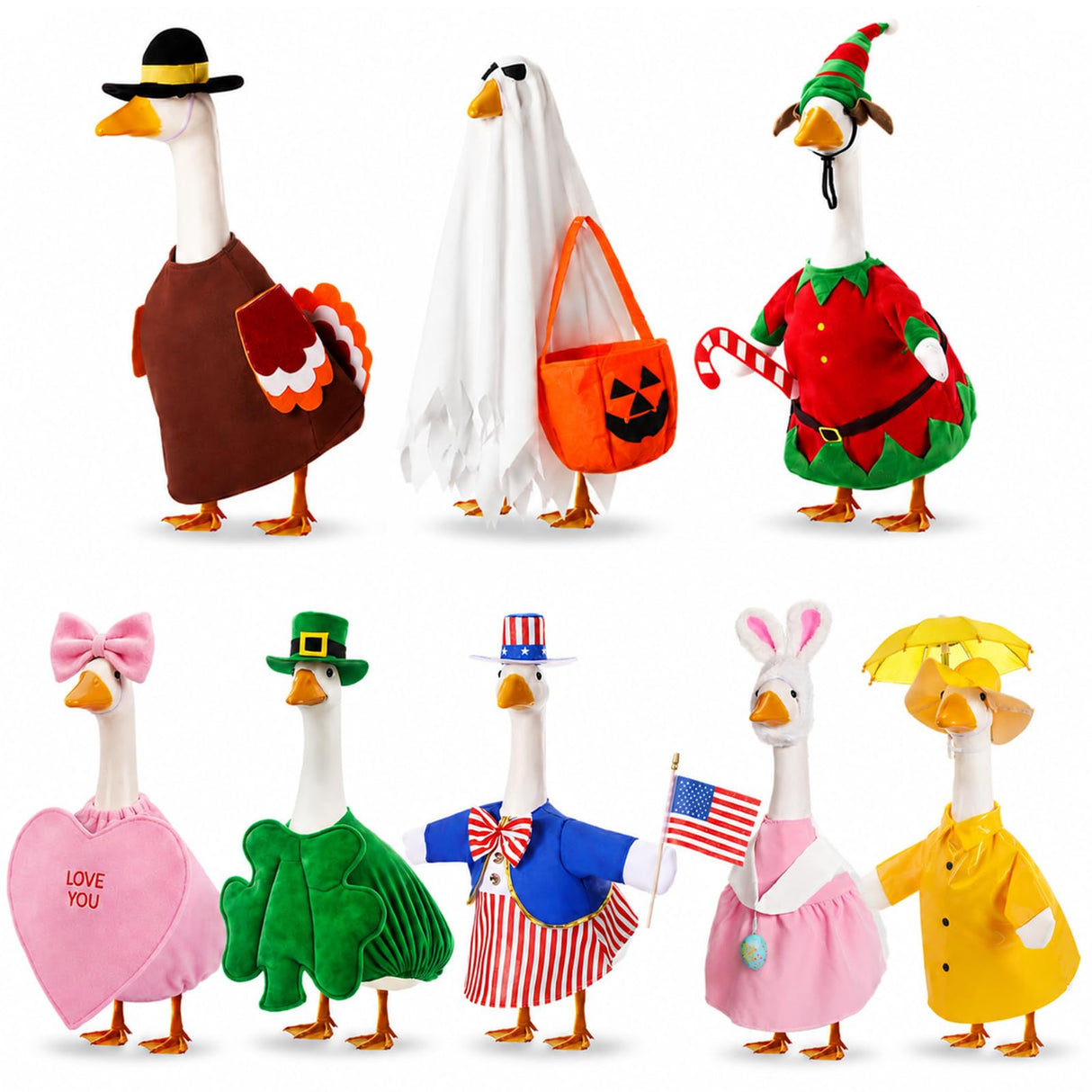 FuWeave 8 Set Holiday Porch Goose Outfits 23'' Goose Clothes Summer Fall Halloween Christmas Winter Thanksgiving Valentine St. Patrick Easter 4th of July Lawn Porch Geese Costume for Patio Yard Decor