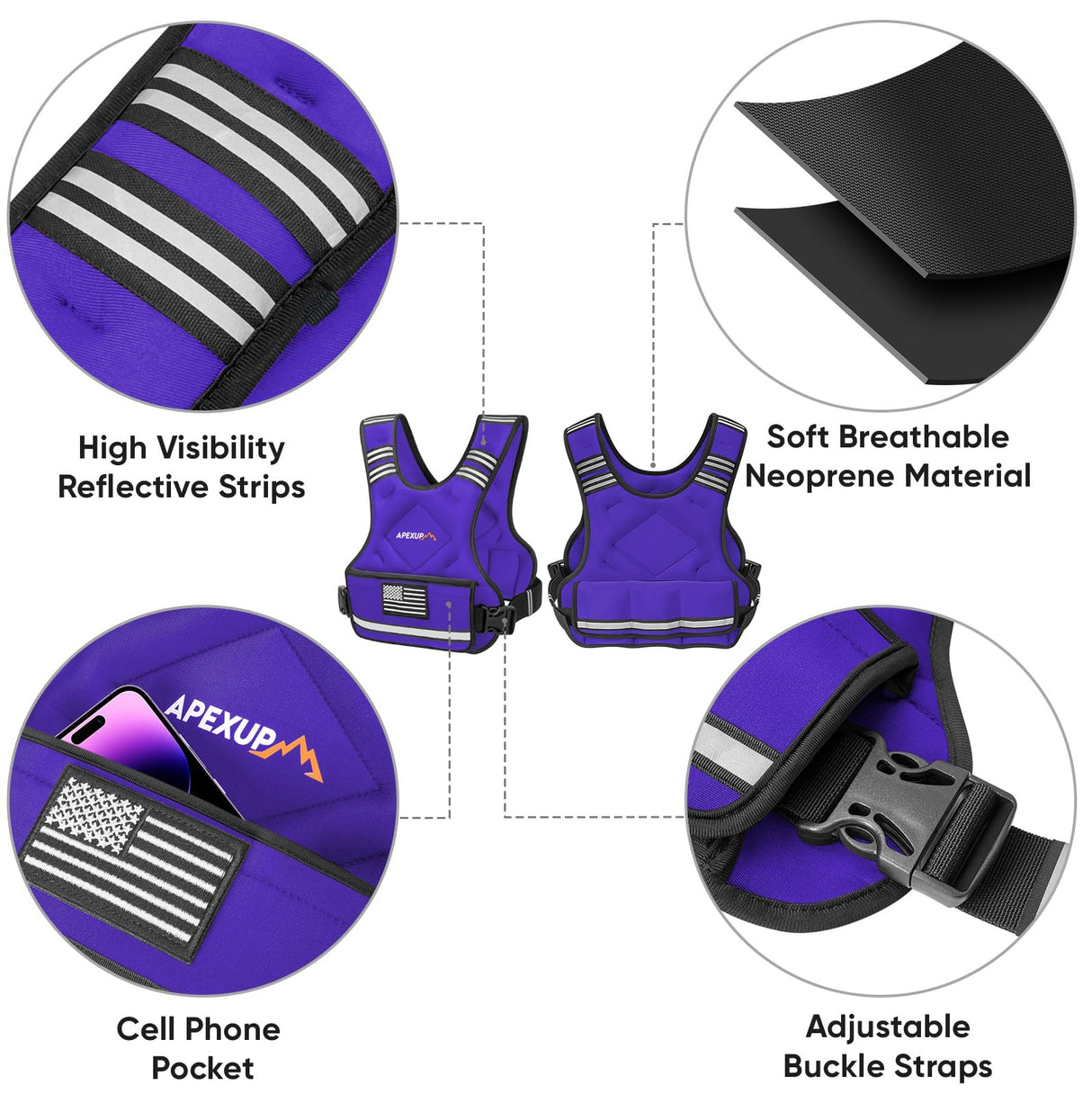 APEXUP Adjustable Weighted Vest, 4-10lb/12-18lb/20-32lb Vest with 6 Ironsand Weights and Large Pocket, Weight Vest for Men Women Strength Training, Running, Walking (12-18lb, Purple)