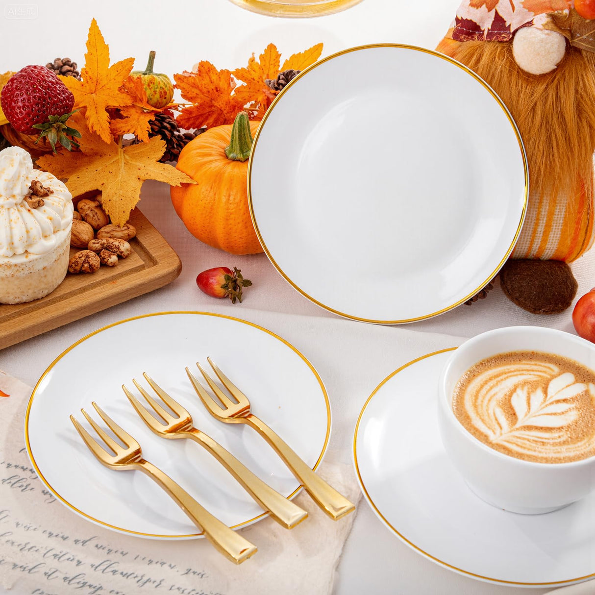 Festiva 200Pcs Gold Dessert Plates 6.3" with Forks 5"- Small Disposable Dessert/Cake/Appetizer Plates Plates- serve 100 guests include 100Plates 100Forks for Wedding Party&Thanksgiving&Christmas