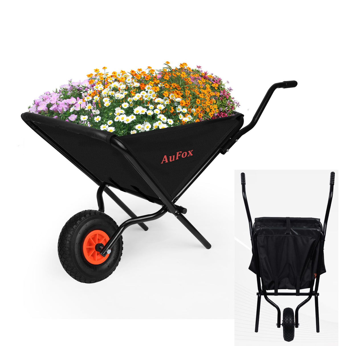 Collapsible Wheelbarrow with Flat-Free Wheel, Folding Utility Garden Cart