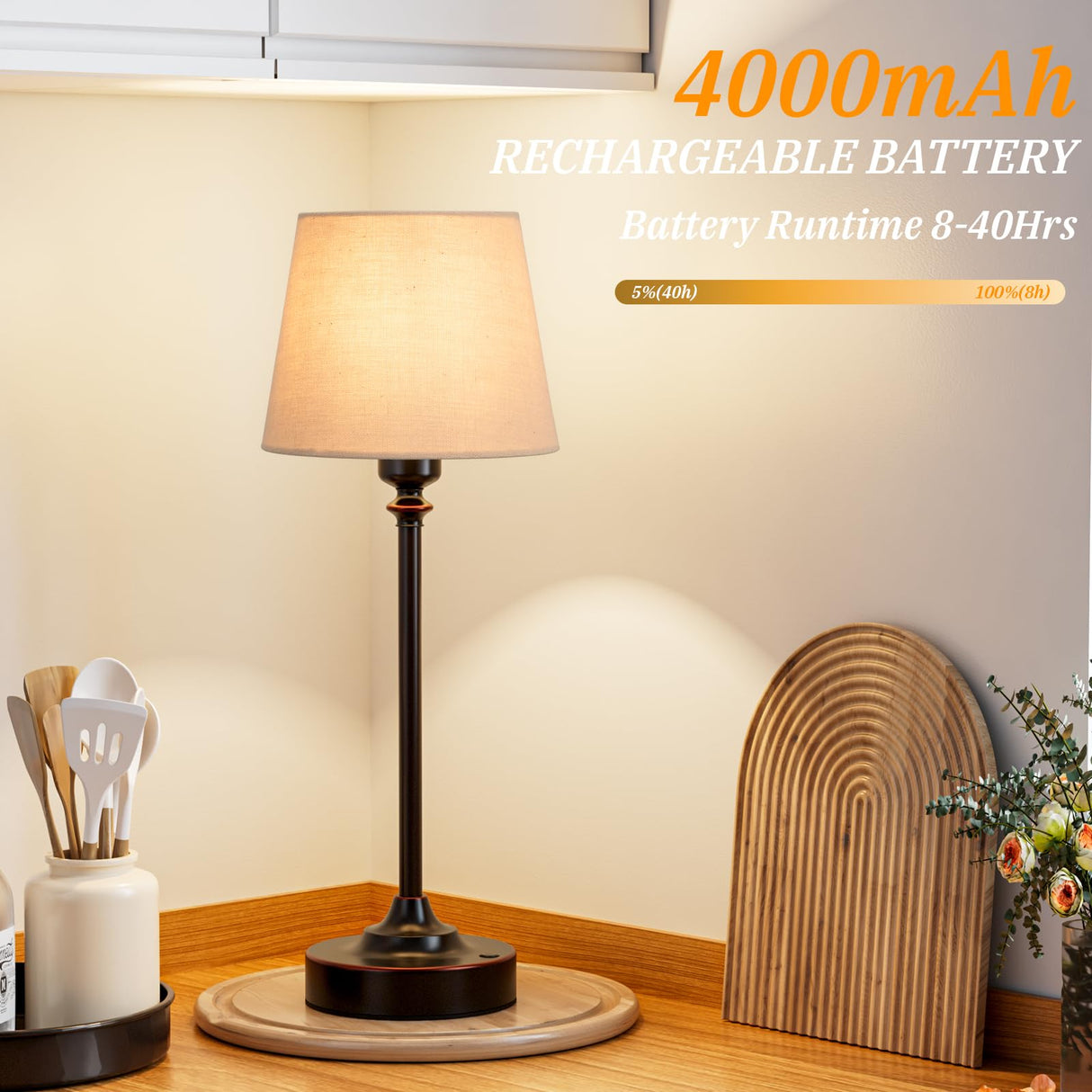Cordless Table Lamp Rechargeable Bronze - 1 Pack Brass 4000mAH Battery Operated Lamp for Decor, 3000K Stepless Dimming Touch Control Wireless Lamp for Bedroom, Dining Table, Counter, Living Room