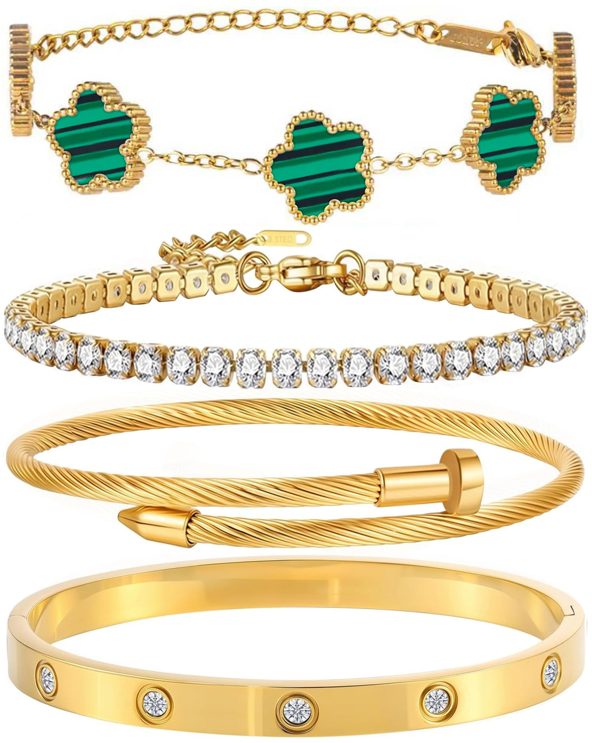 GIVCHO 18K Gold Plated Nail Love Bangle Bracelet Set for Women Stackable Floral Clover Adjustable Tennis Bracelet Non Tarnish Gift Jewelry for Christmas Valentines Birthday Mother's Day (Green)