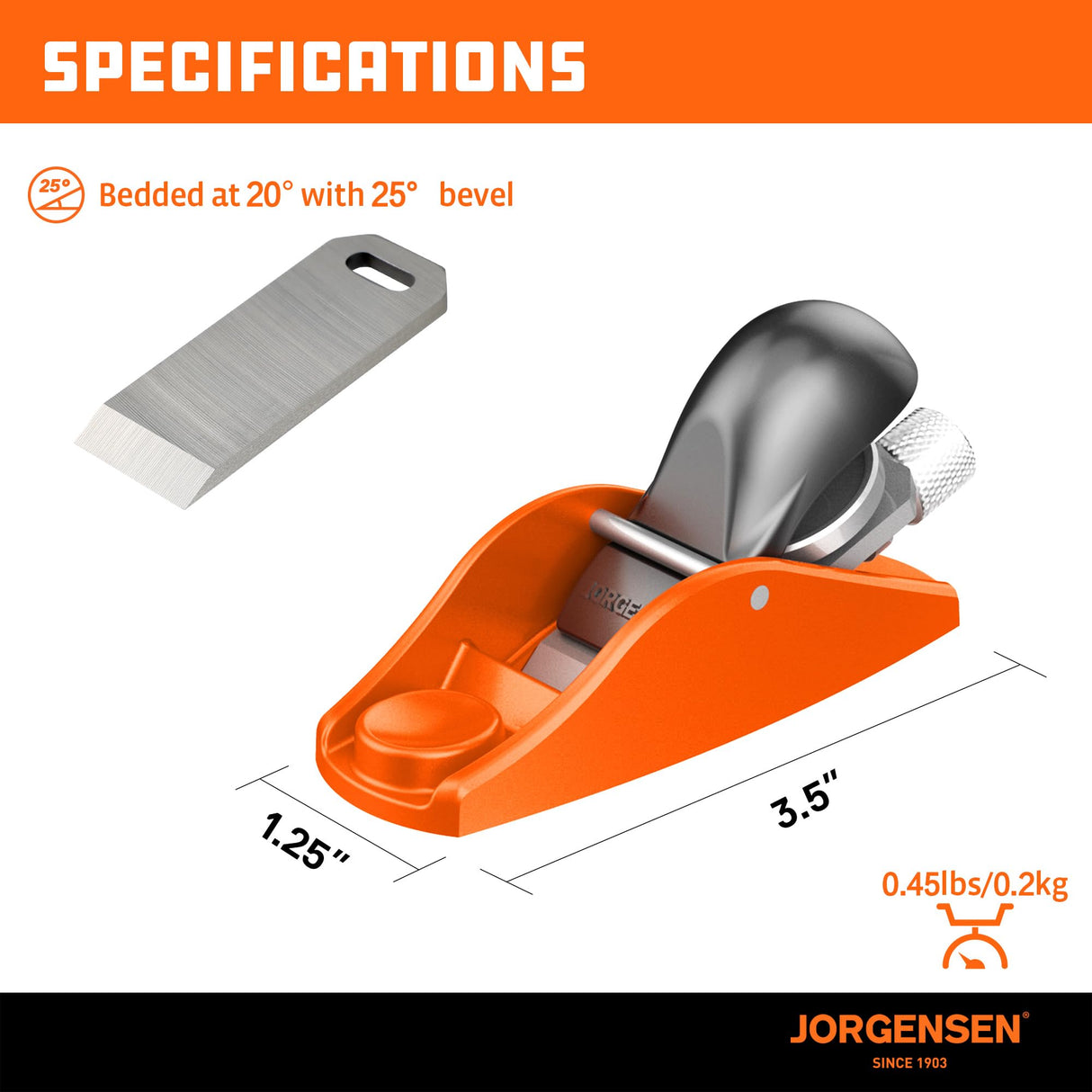 JORGENSEN No.101 Mini Wood Planer - Mini Hand Planer for Woodworking, Block Plane, Small Hand Plane for Trimming, Wood Planing, Craft, Professional Ductile Iron Body, Adjustable Cutting Depth