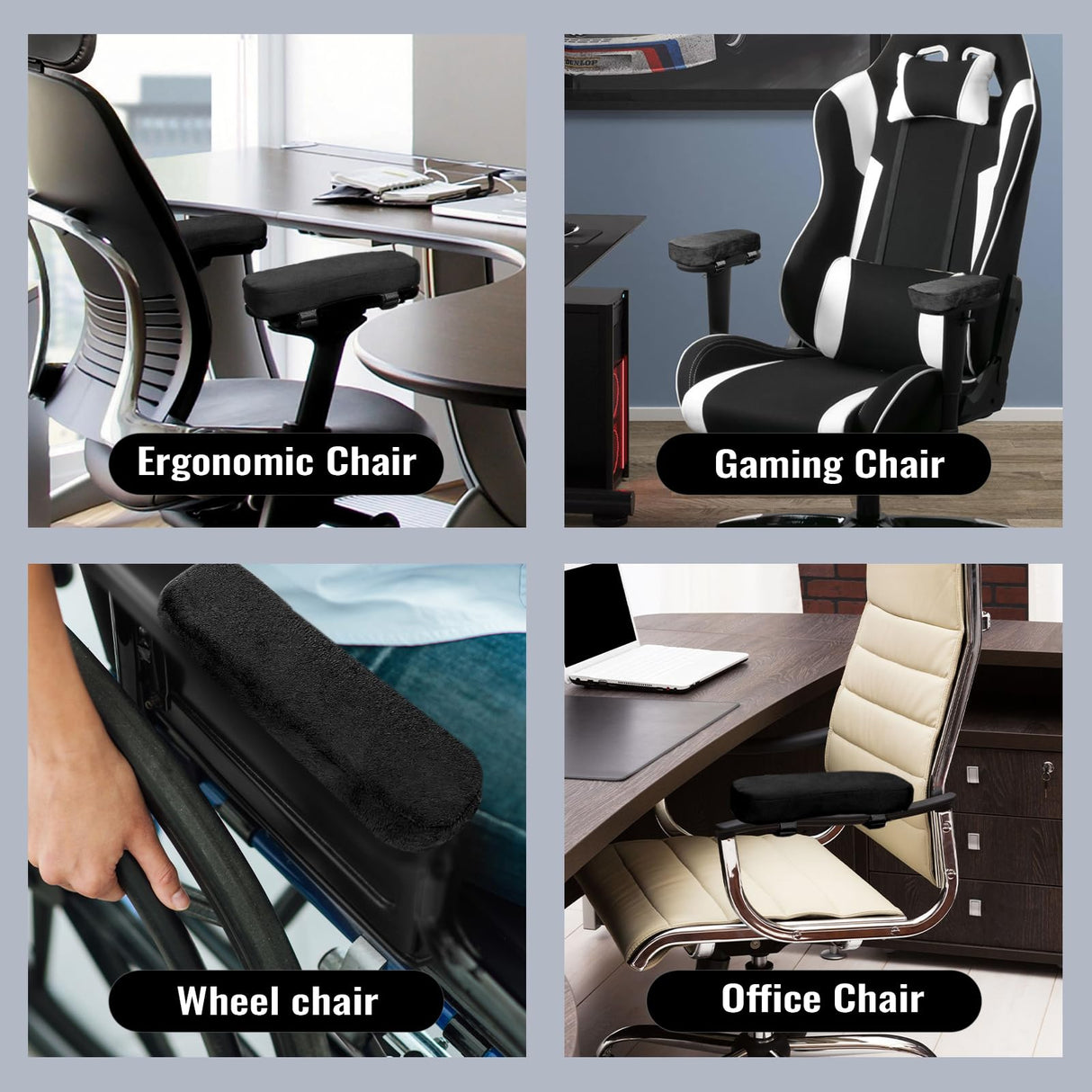 ZNCMRR 2 Pack Office Chair Armrest Pads Covers with Memory Foam Elbow Pillow for Forearm Pressure Relief, Black Arm Rest Covers for Office Chairs, Wheelchair, Comfy Gaming Chair(Black)