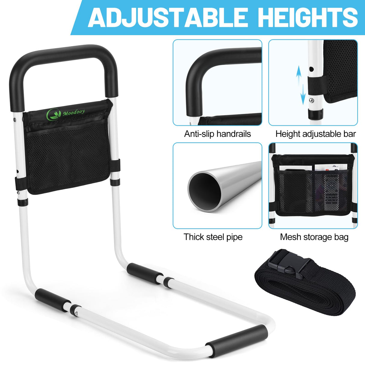 Moodooy Bed Rail for Elderly,Bed railings for Seniors,Sturdy and Stable, Height Adjustable,Bed Railing for Seniors with Fixing Strap and Storage Pocket,Bed Rails for Elderly Adults Safety,bedrails