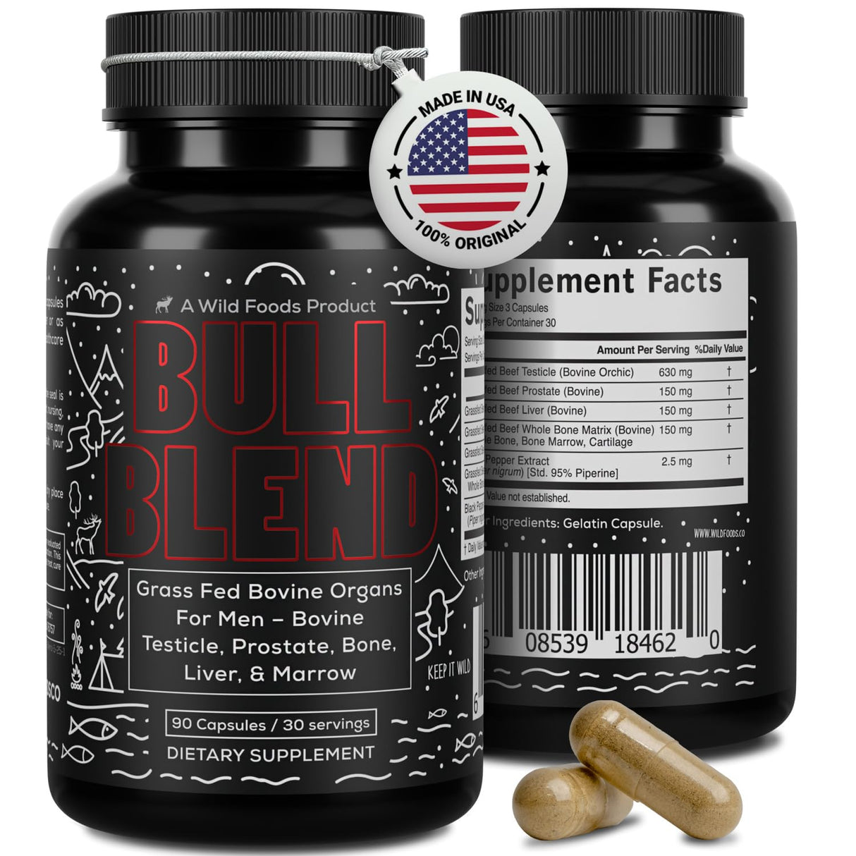 Wild Foods Men's Vitality Formula – Grass-Fed Bovine Supplement & Beef Liver Capsules with Testicle, Prostate, Whole Bone | Primal and Carnivore Diet Approved | 90 Organ Meat Capsules (30-Day Supply)