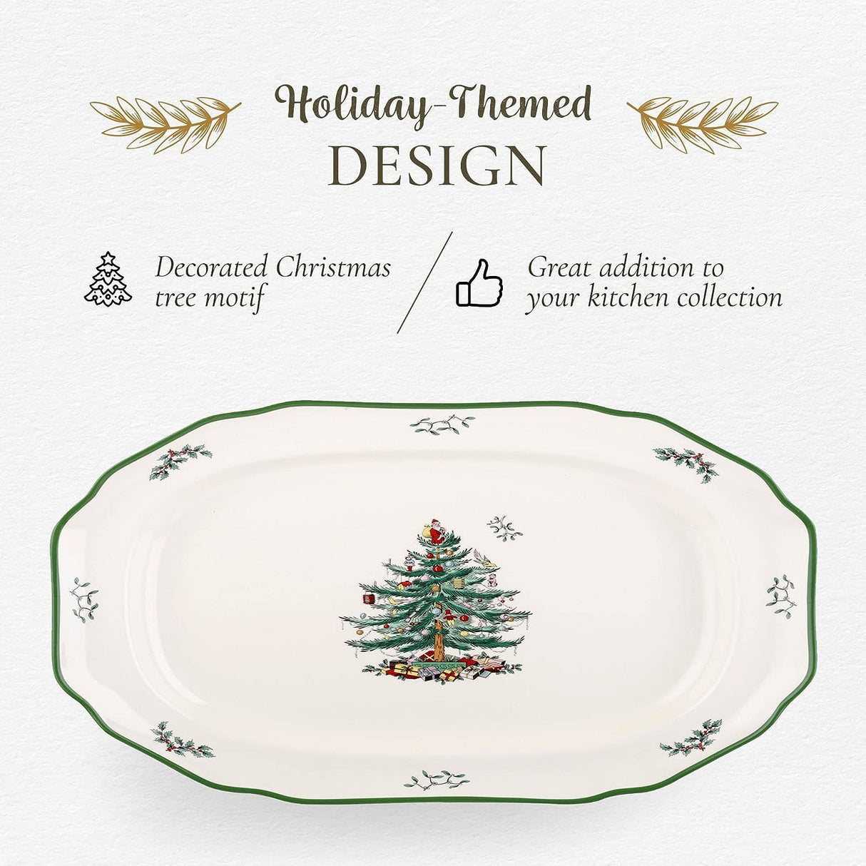 Spode Christmas Tree Sculpted Octagonal Platter, 14-Inch Holiday Serving Platter for Meats, Cheeses & Desserts, Dishwasher & Microwave Safe Christmas Dinnerware with Iconic Tree Design