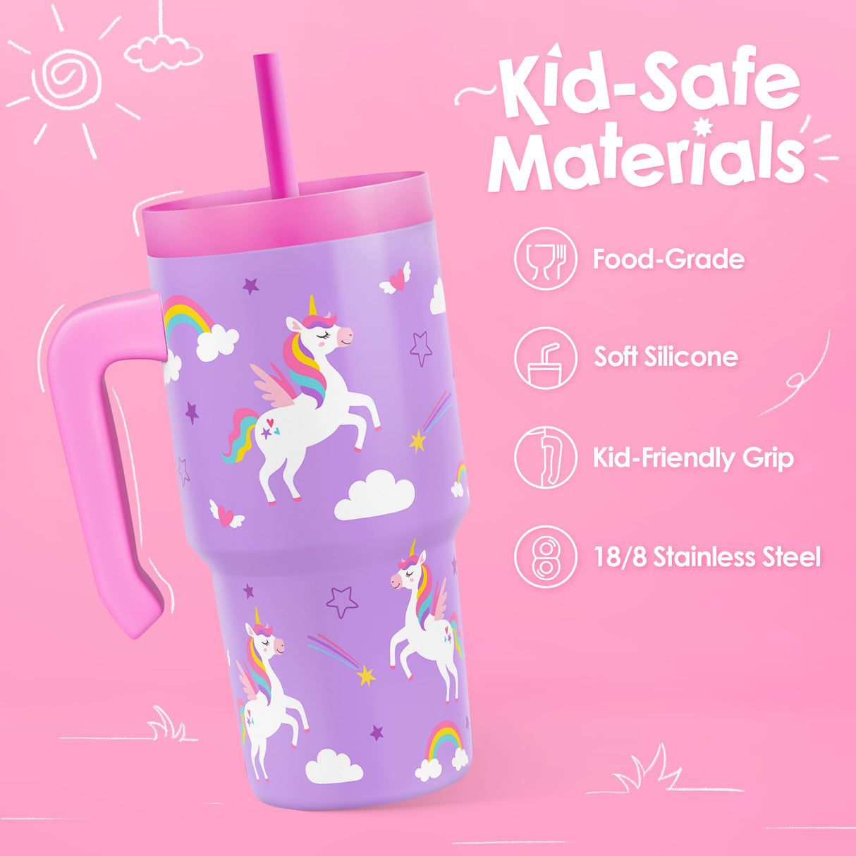 Unicorn Tumbler 20oz with Handle and Silicone Straw Lid for Kid, Insulated Stainless Steel Cup, Gift for Kids Girls, Gifts Idea for Birthday Christmas Back to School