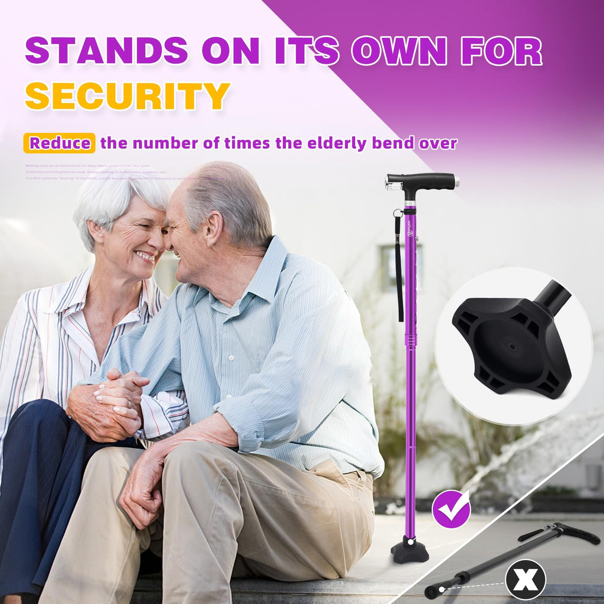 BeneCane Walking Cane for Women Folding Cane for Men with Two Led Lights Quad Cane with Stable Base Lightweight and Adjustable Walking Stick