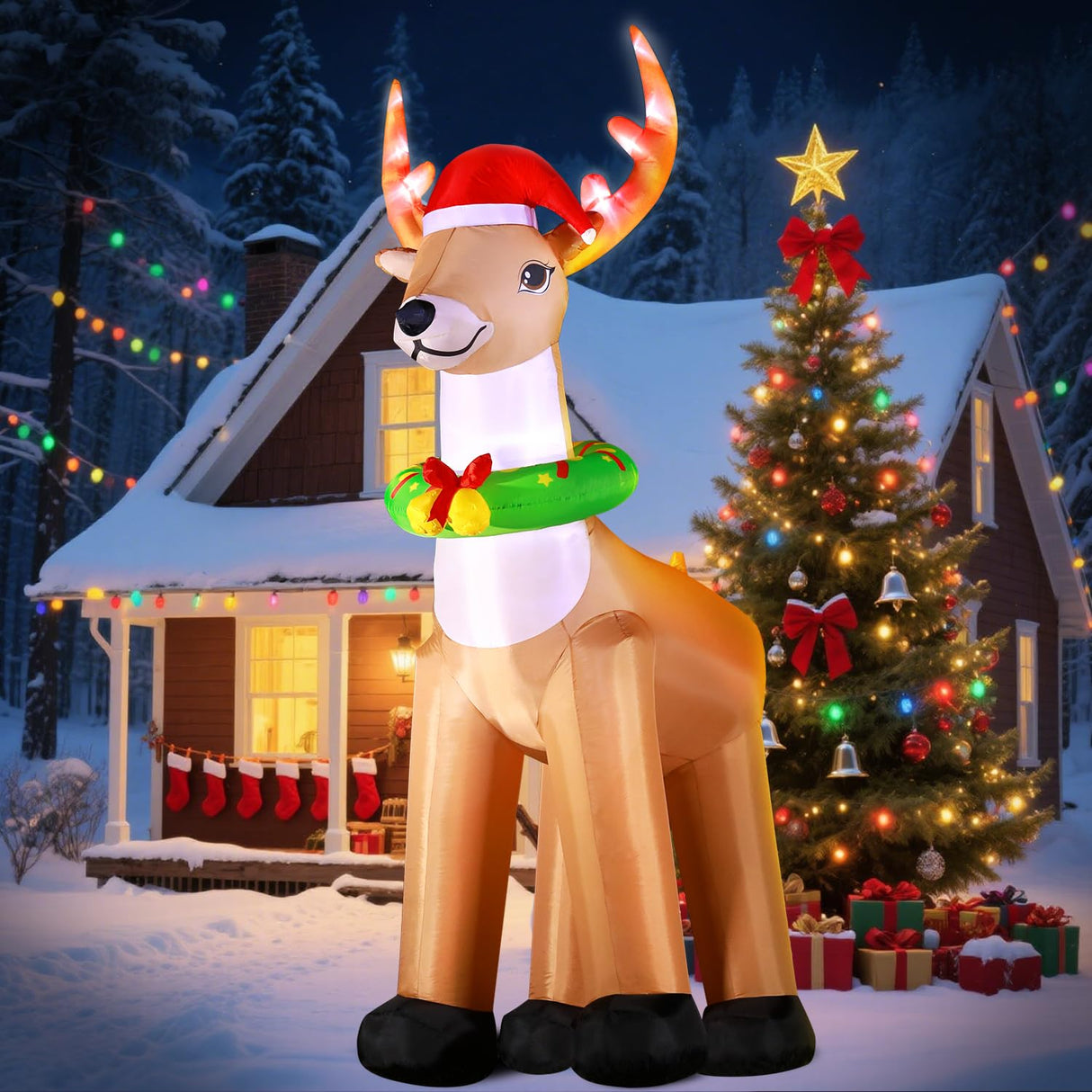 DomKom 12FT Giant Christmas Inflatable Reindeer Decoration with Chasing LED Lights,Blow Up Yard Decoration for Party Garden Yard Lawn Winter Decor