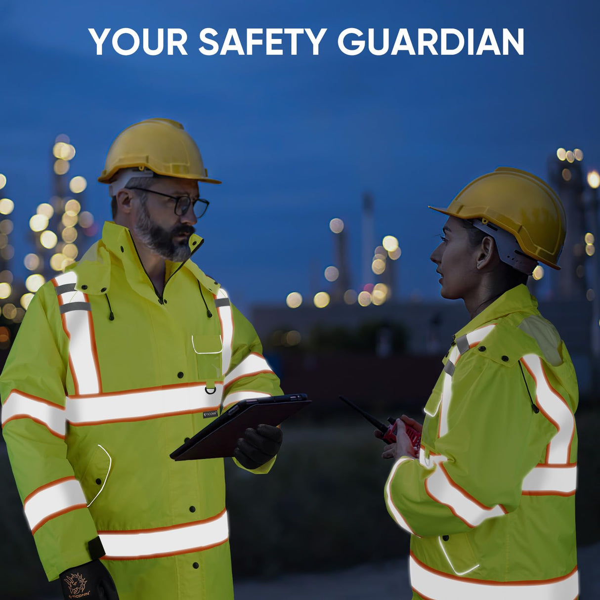 TICONN Reflective Rain Coat, Waterproof Hi Vis Safety Rain Jacket, Heavy Duty ANSI Class 3 High Visibility Trench Coat (L)