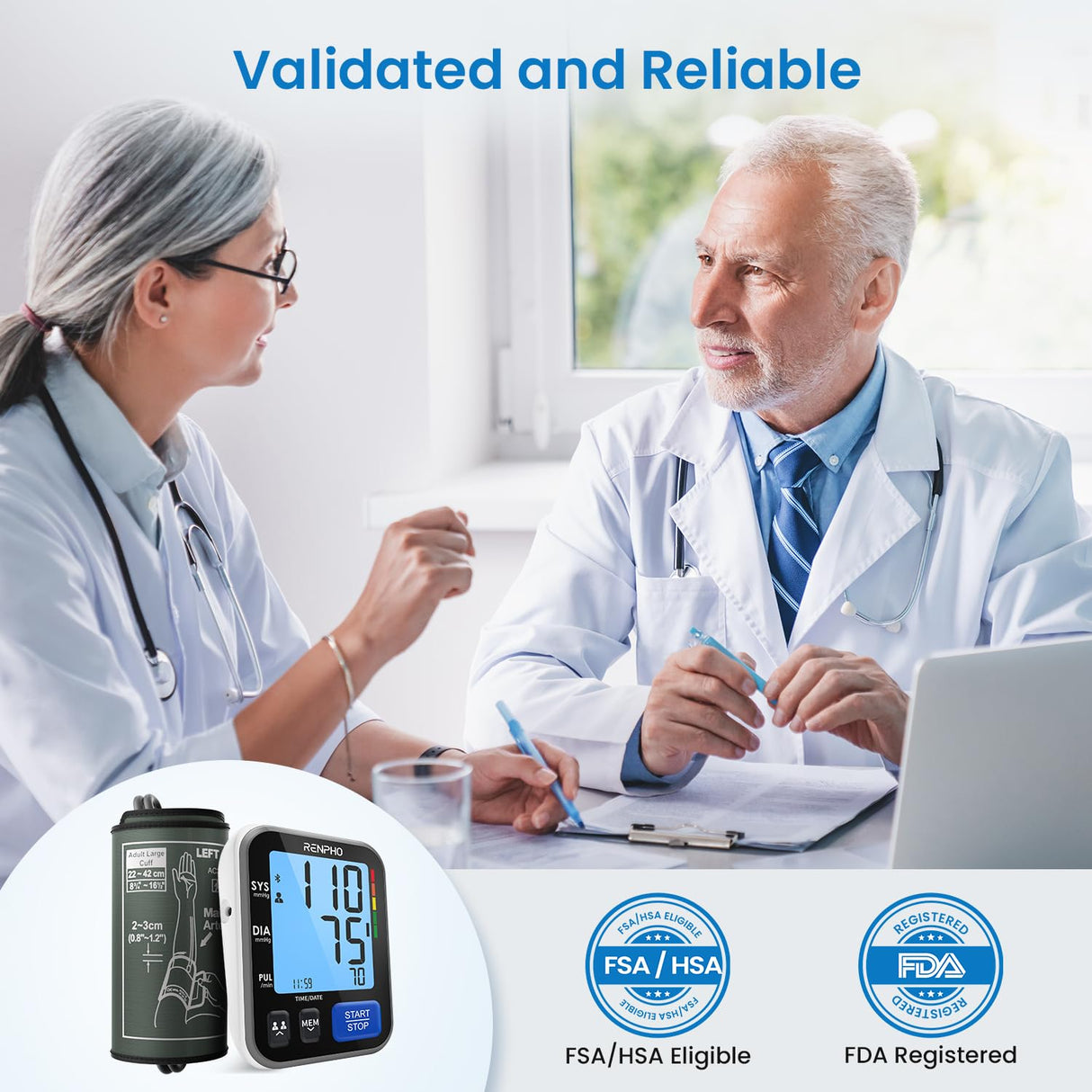 RENPHO Blood Pressure Monitor for Home Use, FSA HSA Eligible, Bluetooth Smart BP Machine with Wide Range Cuff for Large Size Adult Arms, Muti-Users, Data Storage, Family Supplies
