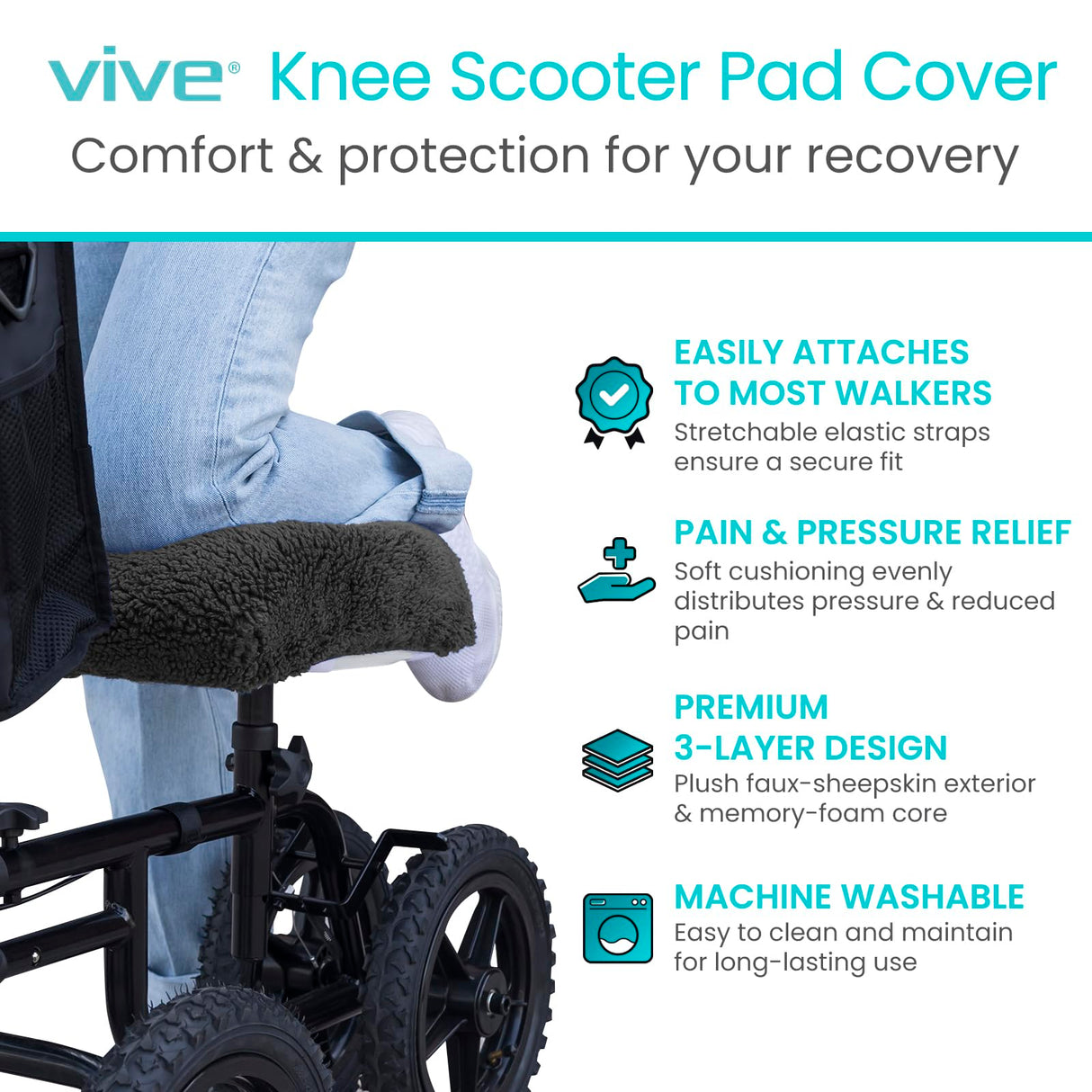 Vive Mobility Knee Scooter Pad Cover - Soft Plush Adult Sheepskin Memory Foam Cushion, Walker Accessory for Knee Roller, Padded Accessories Leg Cart Improves Comfort with Injury, Universal Fit (Black)