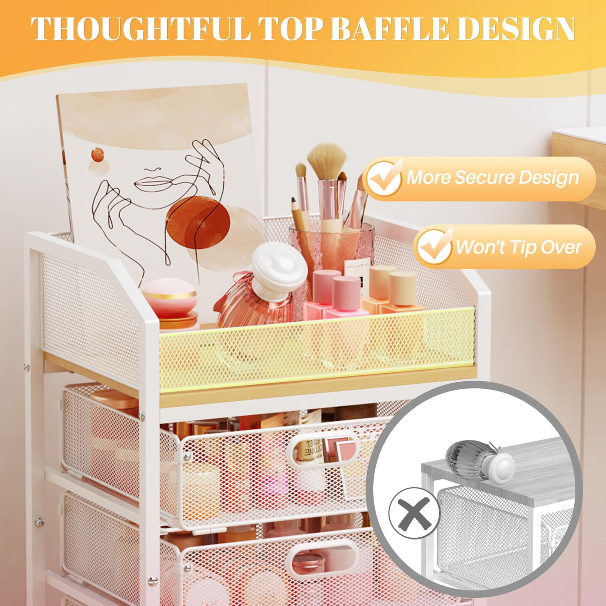 SUNALLY Rolling Makeup Cart with Drawers, Rolling Vanity Nail Cart, White