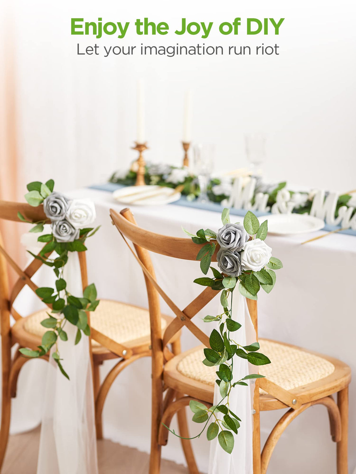 InnoGear Artificial Flowers, 50 Pcs Ivory White Foam Fake Roses Bulk with Stems for Decoration DIY Wedding Bouquets Centerpieces Bridal Shower Party Christmas Tree