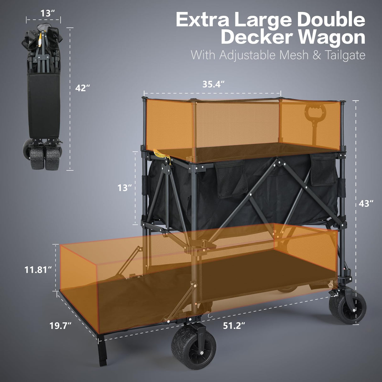 Double Decker Wagon with Retractable Mesh & Tailgate - 560Lbs Load Heavy Duty Foldable Collapsible Wagon Cart with Wheels for Camping, Groceries, Sports (Black)
