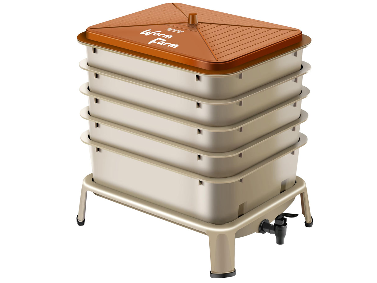 Blütezeit 5-Tray Worm Compost Bin, 53QT Outdoor & Indoor Worm Composter with Worm Farm Starter Kits for Home & Kitchen Recycling Food Waste (Gold)