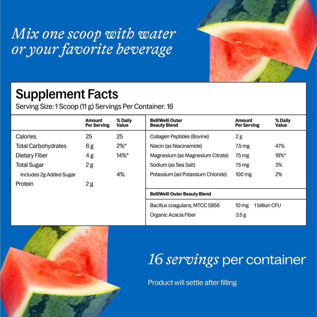 Belli Welli Fiber Supplement for Women & Men – Premium Daily Fiber Powder from Organic Acacia with Added Collagen, Electrolytes & Probiotics – No Bloat, Constipation & Gut Health Support (Watermelon)