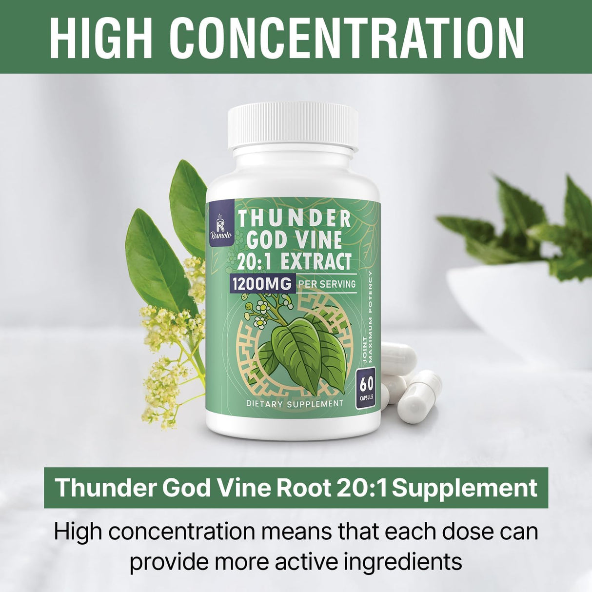 1200 MG Thunder God Vine Root Extract 20:1 Supplement, Tripterygium Wilfordii Herbal Supplement, Vegan Formula with Lei Gong Teng Extract, 120 Capsules