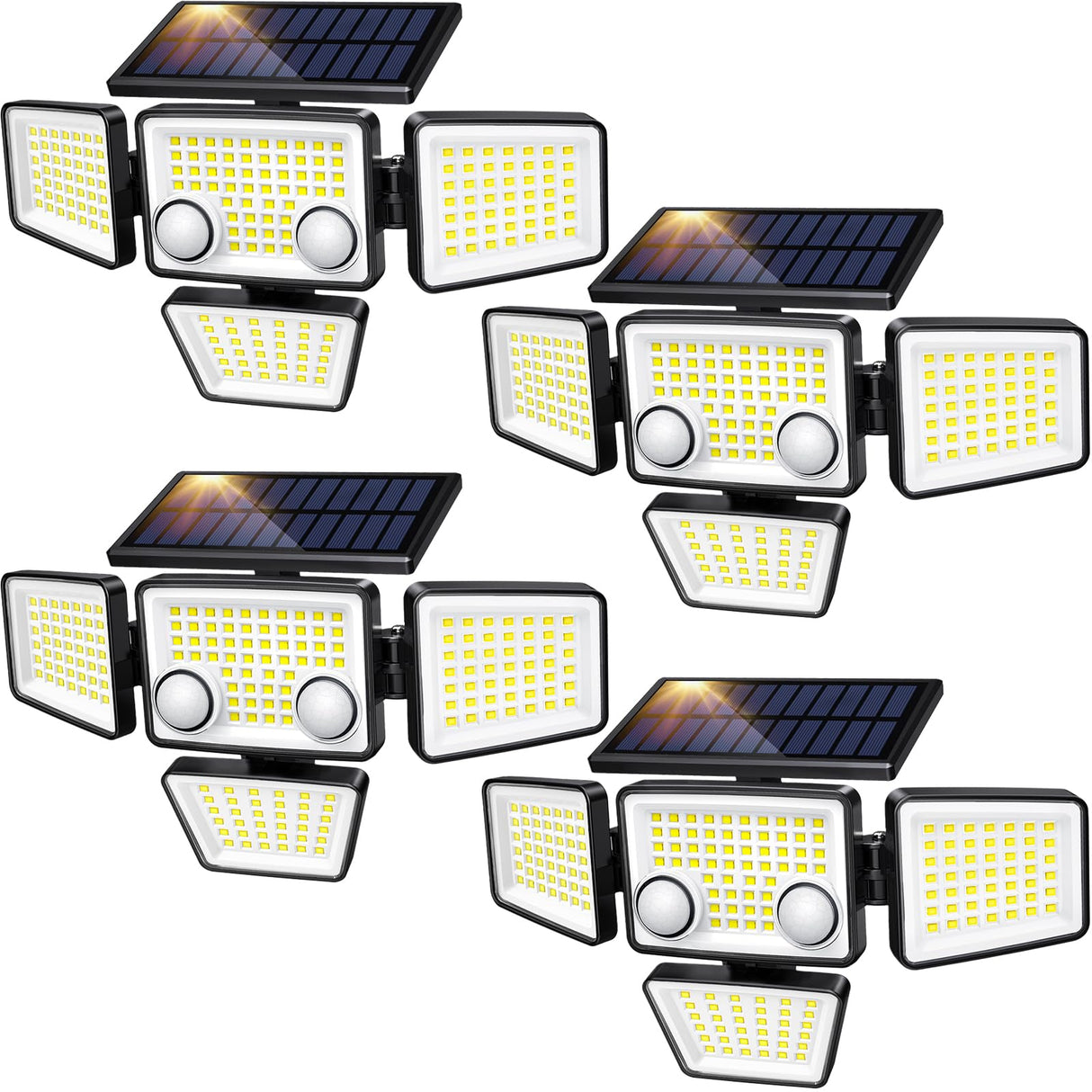 LYWALT Solar Lights Outdoor - 3000LM 188 LED Motion Sensor Outdoor Lights, 4 Heads IP65 Waterproof Powered Security Flood Lights, 270°Wide Lighting Angle Wall Light with Sensors for Backyard (4 Pack)