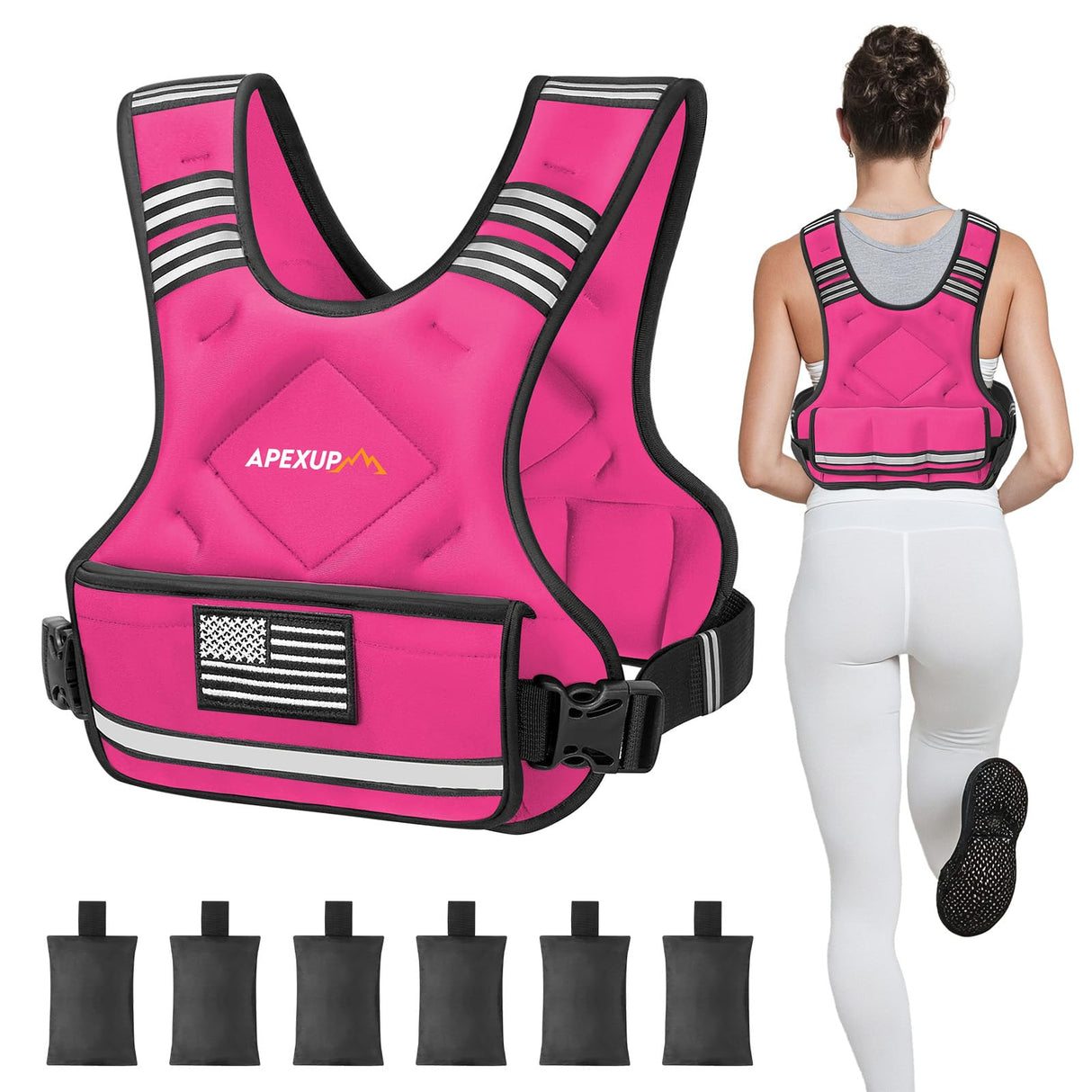 APEXUP Adjustable Weighted Vest, 4-10lb/12-18lb/20-32lb Vest with 6 Ironsand Weights and Large Pocket, Weight Vest for Men Women Strength Training, Running, Walking (4-10lb, Pink)