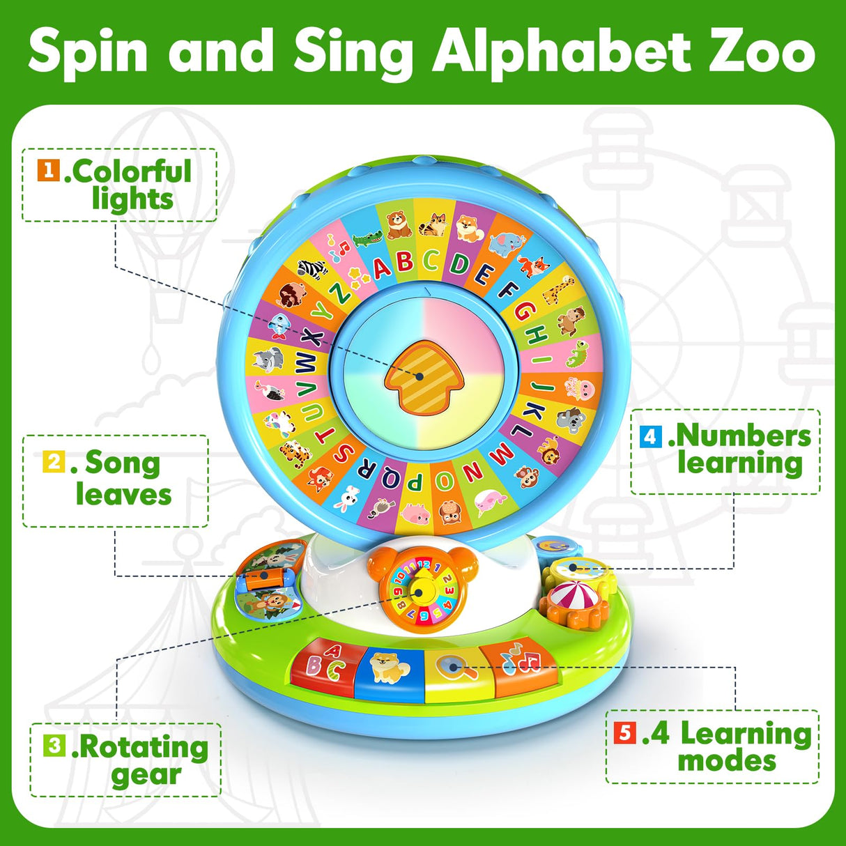 Learning Toy for Kids 1 2 3 Year Old Boys Girls, Spin and Sing Alphabet Zoo with Sounds, Interactive Educational Toys for Toddler 2-3, First Christmas 1st Birthday Gifts Toy