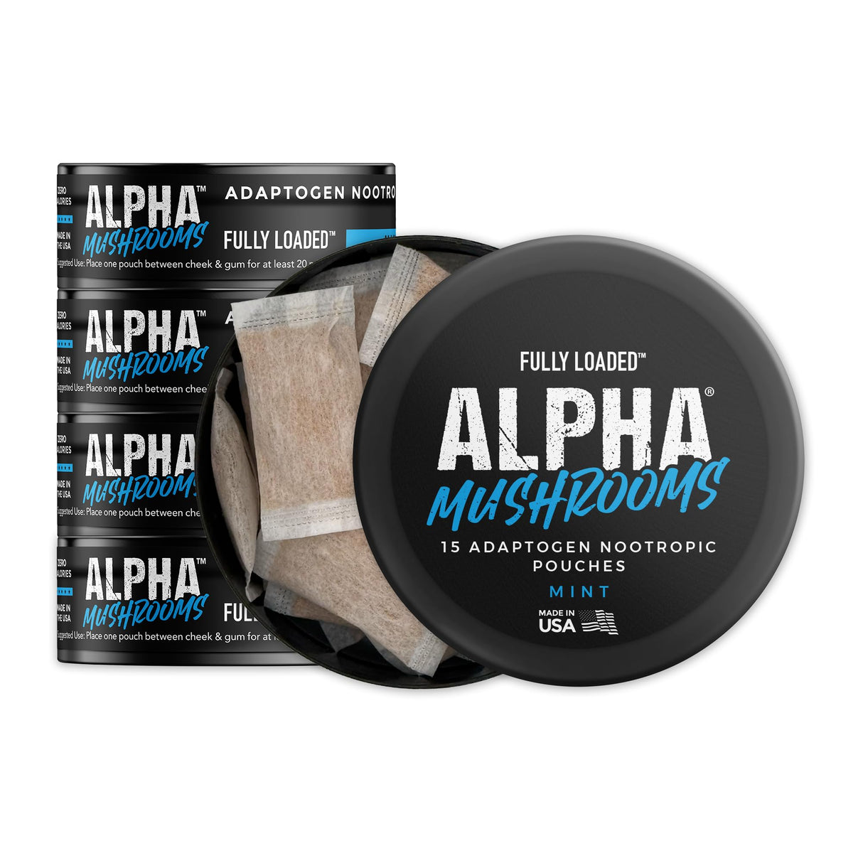 Fully Loaded Alpha Mushrooms - Adaptogen Nootropic Pouches (5-Pack, Mint) - - Lion's Mane, Cordyceps, & Chaga - 5 cans, 15 Pouches per can - Functional Mushrooms - Made in The USA
