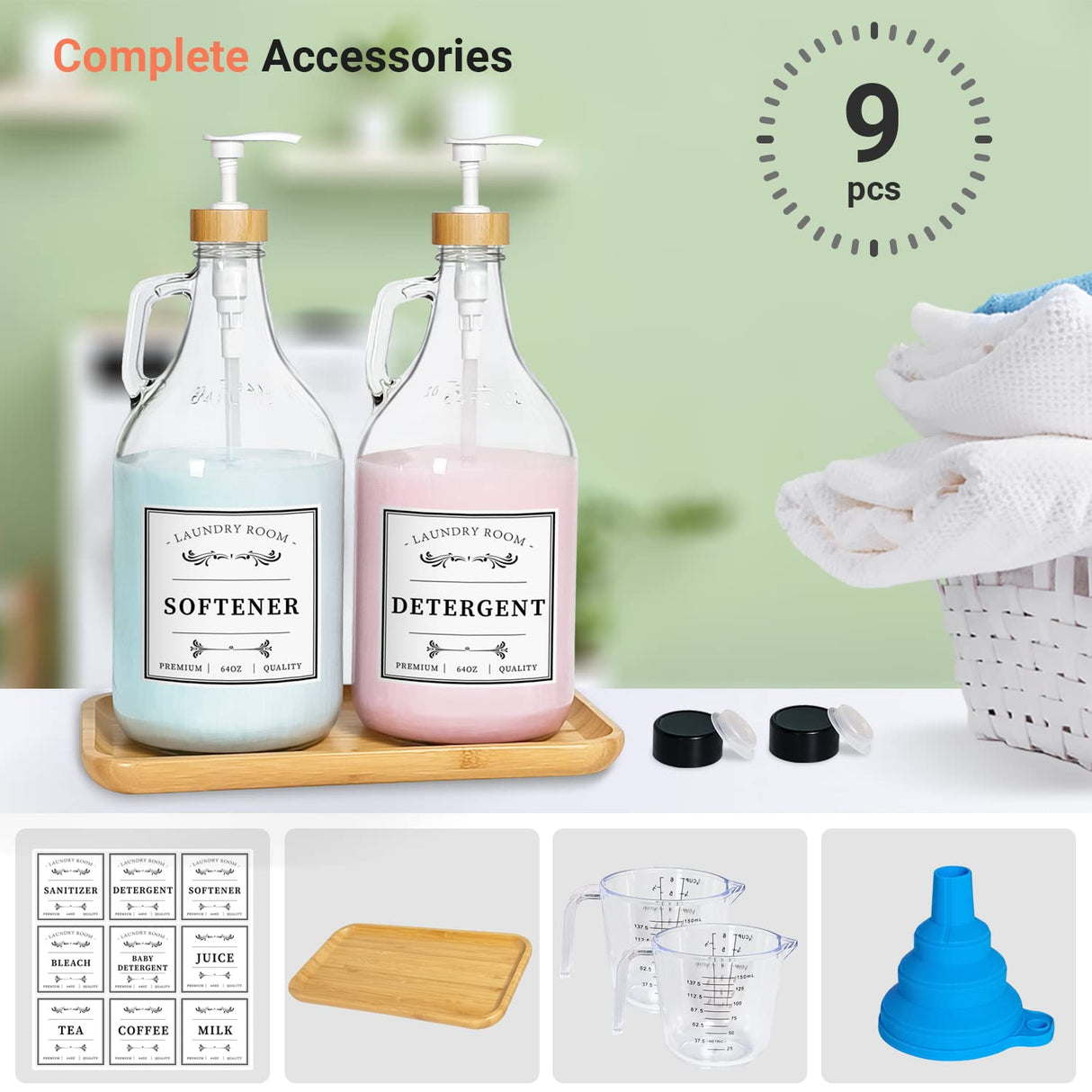2 Pcs Glass Laundry Detergent Dispenser Bottle, Liquid Laundry Soap Dispenser for Laundry Room, 64oz Detergent Bleach Softener Dispenser for Farmhouse Decor, Includes Bamboo Pumps Tray Funnel Labels